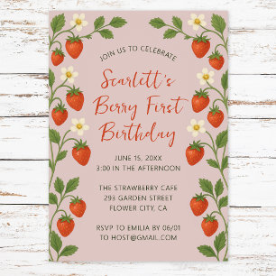 Invitación Primer Cumpleaños de Berry Lindas Fresas Floral Ro