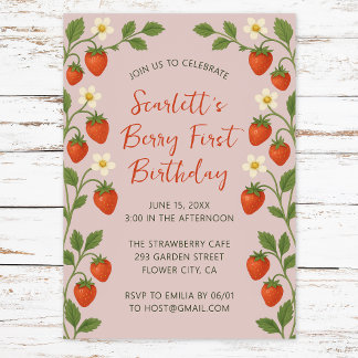 Invitación Primer Cumpleaños de Berry Lindas Fresas Floral Ro
