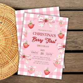 Invitación Primer cumpleaños de Berry niña de cuadros rosados