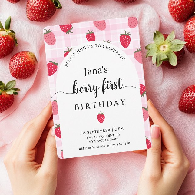 Invitación Primer cumpleaños de Berry | Plata rosa y fresa (Subido por el creador)