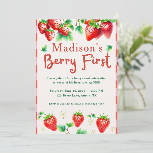 Invitación Primer cumpleaños de Berry - Primer Fiesta Chica d (Anverso de pie)