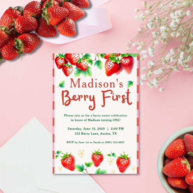 Invitación Primer cumpleaños de Berry - Primer Fiesta Chica d (Sweeten your celebration with this adorable “Berry First Birthday” invitation!)