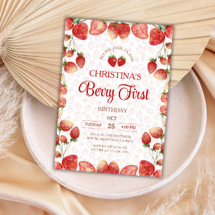 Invitación Primer cumpleaños de Berry rosa fresa niña adorabl