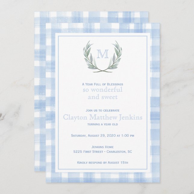 Invitación Primer cumpleaños de Blue Gingham Laurel Escudo (Anverso / Reverso)