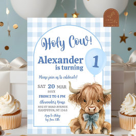 Invitación Primer cumpleaños de Blue Preppy Gingham Cow Boy