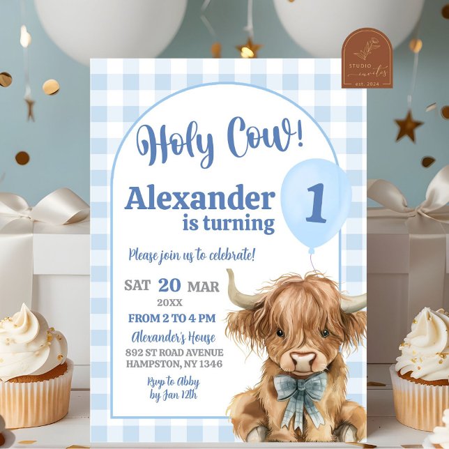 Invitación Primer cumpleaños de Blue Preppy Gingham Cow Boy (Subido por el creador)