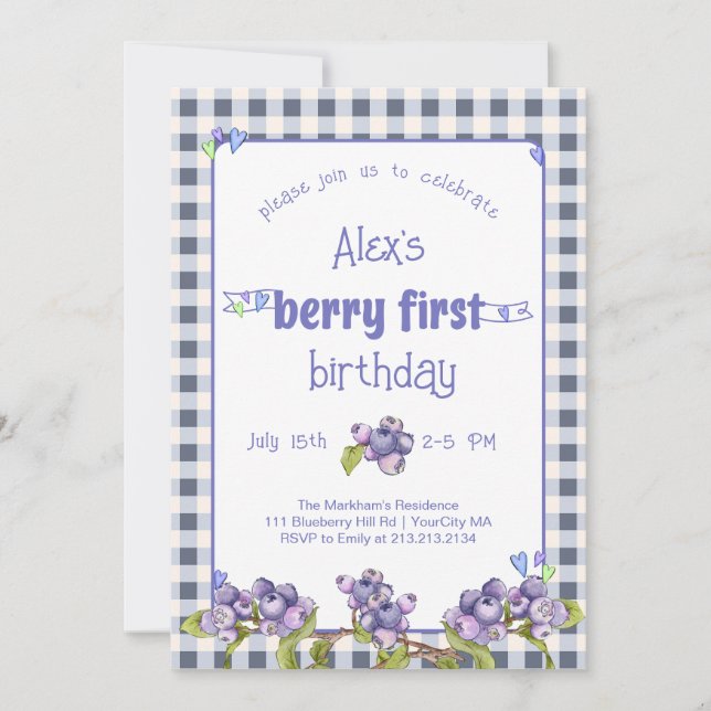 Invitación Primer cumpleaños de Blueberry Berry (Anverso)