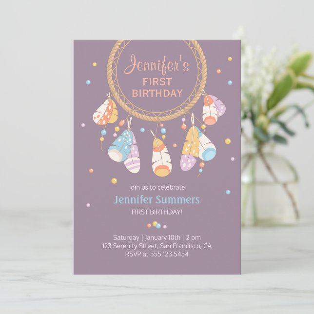 Invitación Primer cumpleaños de Boho Baby Dreamcatcher tribal (Anverso de pie)