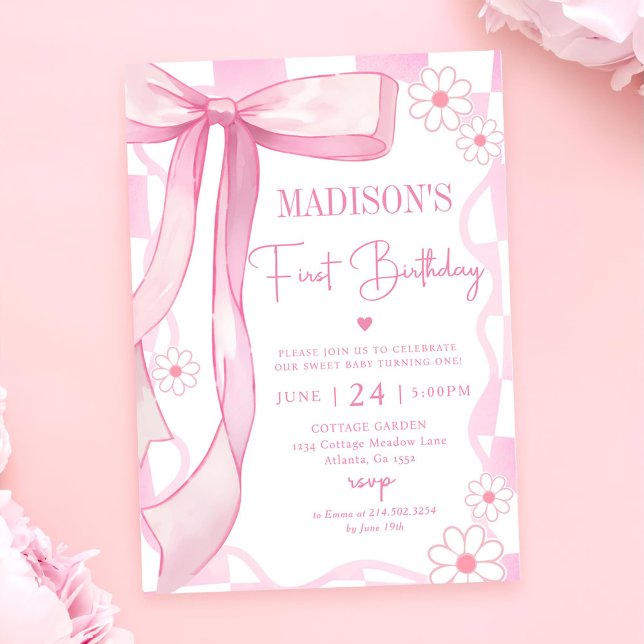 Invitación Primer cumpleaños de Bow Elegante Rosado (Subido por el creador)