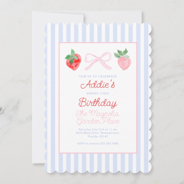 Invitación Primer cumpleaños de Bows y Fresas Preppy (Anverso)