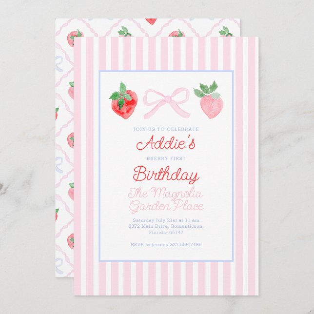Invitación Primer cumpleaños de Bows y Fresas Preppy (Anverso / Reverso)