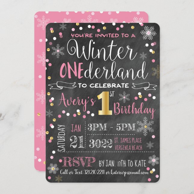 Invitación Primer cumpleaños de Chalkboard Winter ONE-derland (Anverso / Reverso)