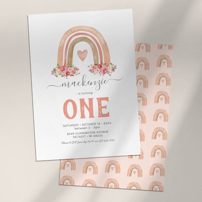 Invitación Primer cumpleaños de Chica Arcoiris de Boho Rosa (Subido por el creador)