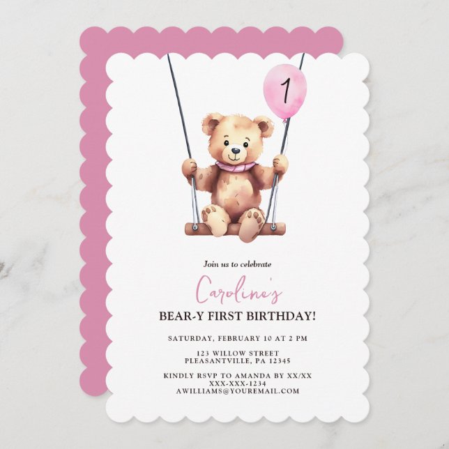 Invitación Primer cumpleaños de Chica de globo rosa de oso li (Anverso / Reverso)