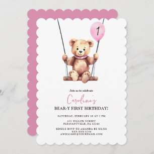 Invitación Primer cumpleaños de Chica de globo rosa de oso li
