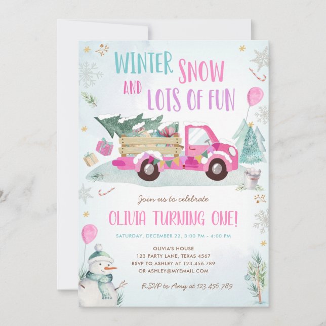 Invitación Primer cumpleaños de Chica divertida de nieve de c (Anverso)