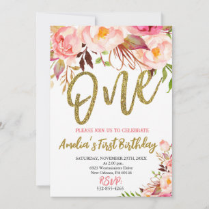 Invitación Primer cumpleaños de Chicas rosados y de oro, Boho