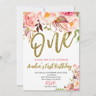 Invitación Primer cumpleaños de Chicas rosados y de oro, Boho