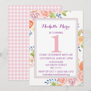 Invitación Primer cumpleaños de color de agua rosa Floral Pla