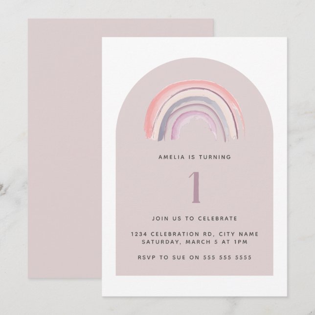 Invitación Primer cumpleaños de color de arcoiris púrpura (Anverso / Reverso)