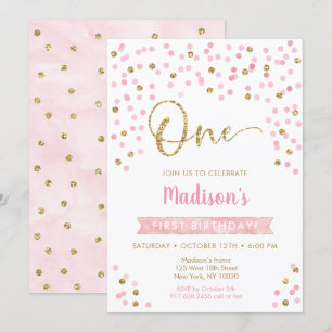 Invitación Primer cumpleaños de Confetti de Oro Rosado