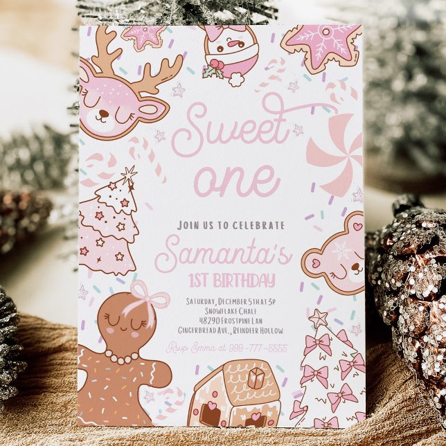 Invitación Primer cumpleaños de Cookie navidades (Christmas cookie first birthday invitation with gingerbread, holiday treats, and festive red and gre)