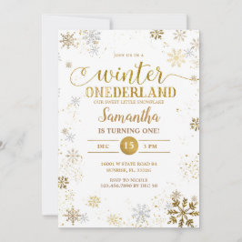 Invitación Primer cumpleaños de copos de nieve Gold Silver
