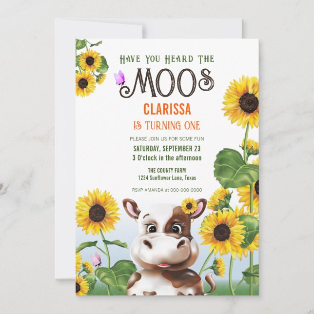 Invitación Primer cumpleaños de Cow Sunflower Chica (Anverso)