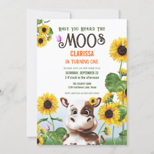 Invitación Primer cumpleaños de Cow Sunflower Chica