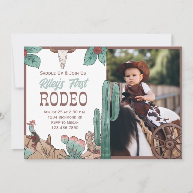 Invitación Primer cumpleaños de Cowboy del Suroeste del Rodeo (Anverso)