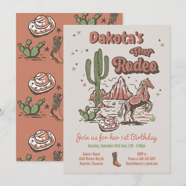 Invitación Primer cumpleaños de Cowgirl de Rodeo (Anverso / Reverso)