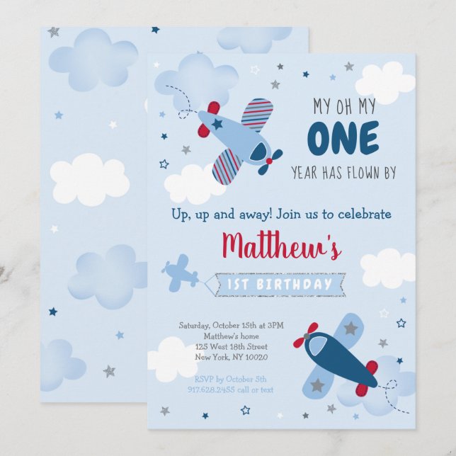 Invitación Primer cumpleaños de Cute Airplane Stars Clouds (Anverso / Reverso)