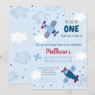 Invitación Primer cumpleaños de Cute Airplane Stars Clouds