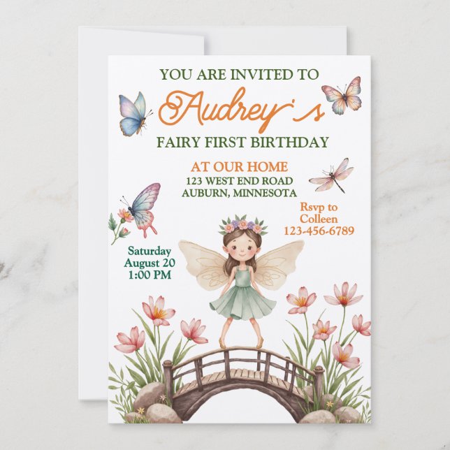 Invitación Primer cumpleaños de Cute Fairy (Anverso)