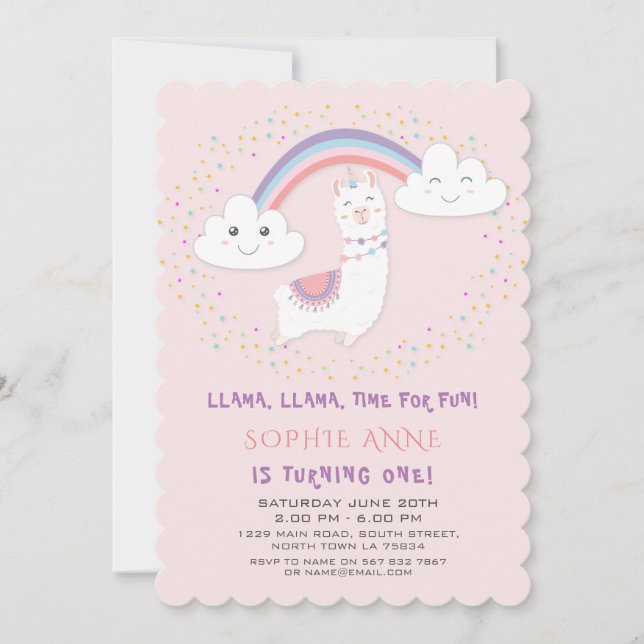 Invitación Primer cumpleaños de Cute Llama Rainbow Stars (Anverso)