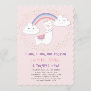 Invitación Primer cumpleaños de Cute Llama Rainbow Stars