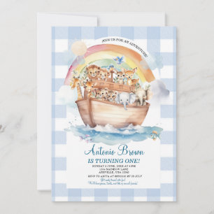 Invitación Primer cumpleaños de Cute Noah's Ark Blue Gingham
