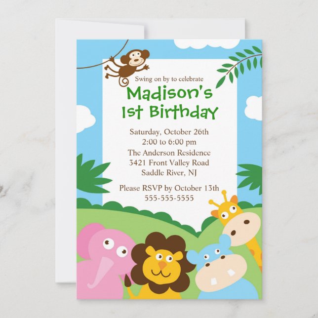 Invitación Primer cumpleaños de Cute Safari (Anverso)