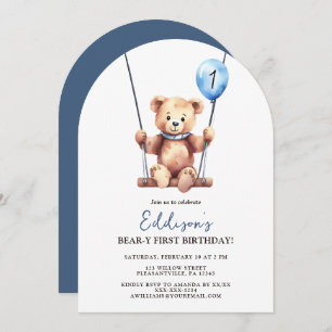Invitación Primer cumpleaños de Cute Teddy Bear Blue Balloon