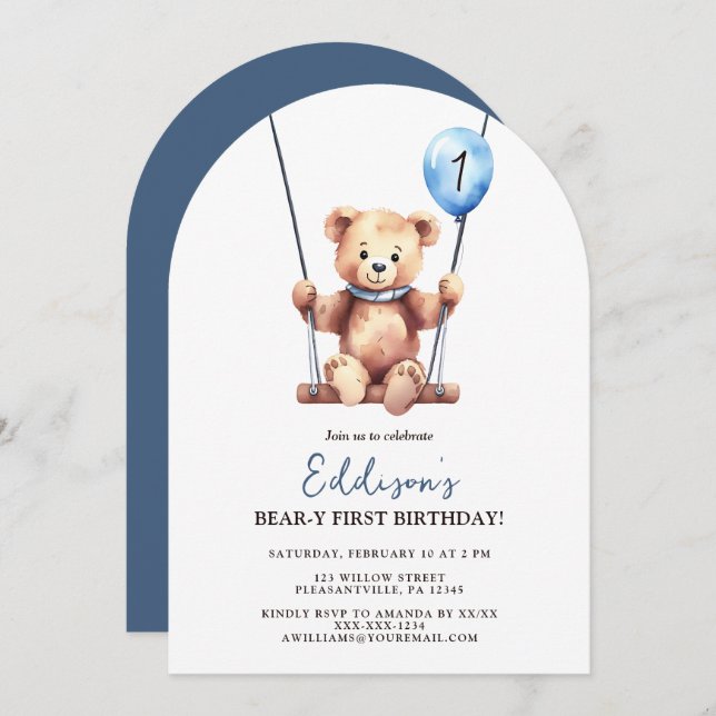 Invitación Primer cumpleaños de Cute Teddy Bear Blue Balloon (Anverso / Reverso)