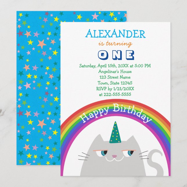 Invitación Primer cumpleaños de Cute Unicorn y Rainbow (Anverso / Reverso)