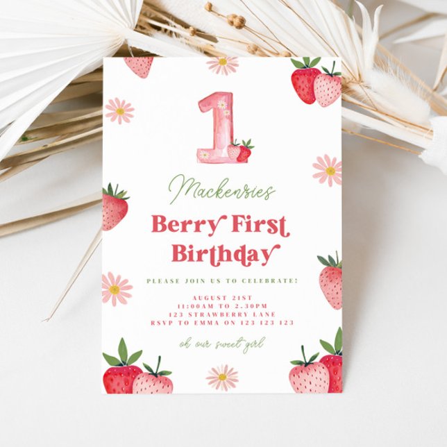 Invitación Primer cumpleaños de Daisy Berry de fresa rosa y r (Subido por el creador)