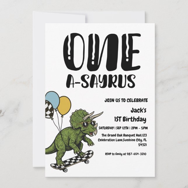 Invitación Primer cumpleaños de Dinosaurio, primer día de pat (Anverso)