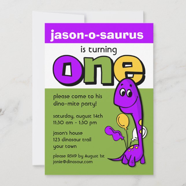 Invitación Primer cumpleaños de dinosaurio púrpura (Anverso)