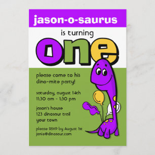 Invitación Primer cumpleaños de dinosaurio púrpura