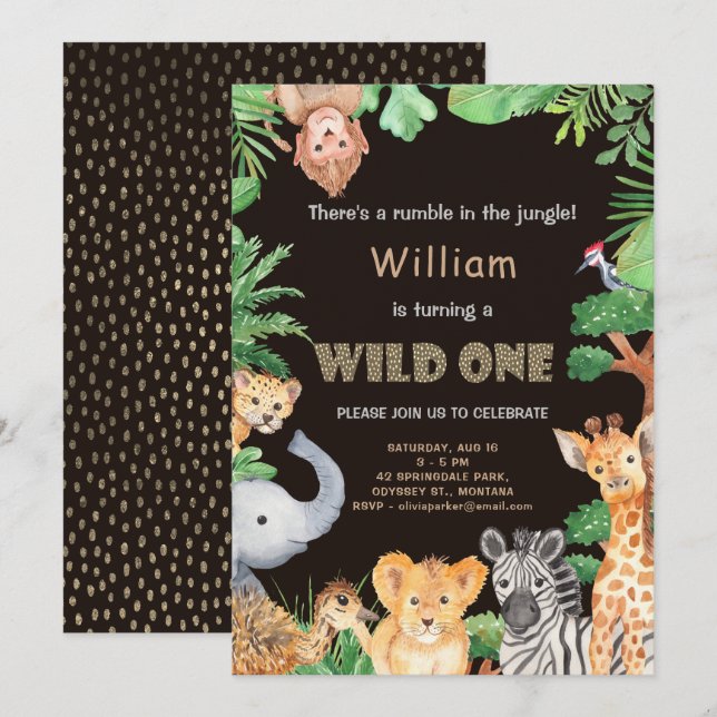 Invitación Primer cumpleaños de Divertido Wild One Jungle Boy (Anverso / Reverso)