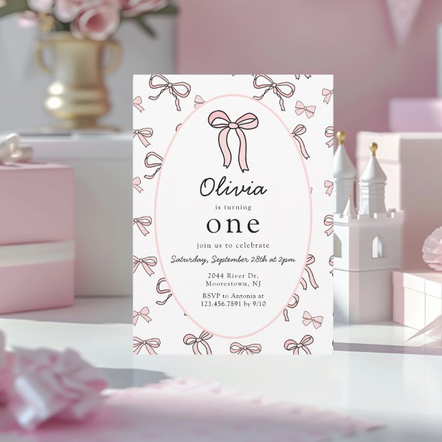 Invitación Primer cumpleaños de Doodle Pink Bow (Subido por el creador)