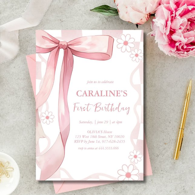 Invitación Primer cumpleaños de Doodle Pink Bow caprichoso (Subido por el creador)