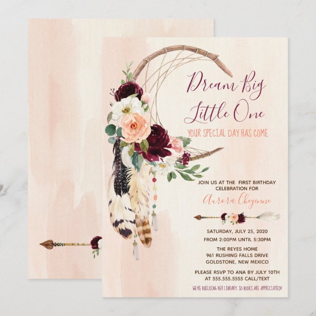 Invitación Primer cumpleaños de Dream Big Peach y Burgundy Bo (Anverso / Reverso)
