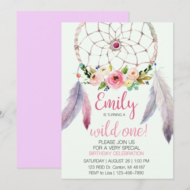 Invitación Primer cumpleaños de Dream Catcher (Anverso / Reverso)